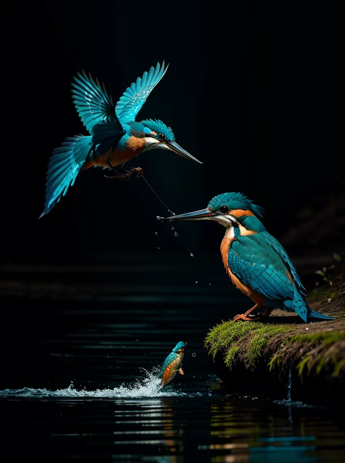 La imagen es de tres martines pescadores. Un martín pescador está en el agua, mientras que los otros dos están volando sobre él. El martín pescador en el agua tiene un pez en el pico, y los otros dos martines pescadores están tratando de quitárselo. Los martines pescadores son todos azules y verdes, con picos largos y puntiagudos. El fondo es azul oscuro.