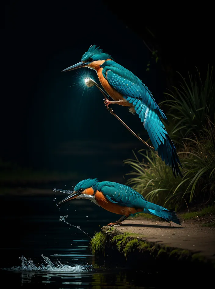 Esta é uma fotografia de dois guarda-rios, um empoleirado num ramo acima do outro. O guarda-rios no ramo está segurando um pequeno peixe no seu bico, enquanto o guarda-rios abaixo está empoleirado numa rocha na água, com água a esguichar à sua volta. Ambos os guarda-rios têm penas azuis e castanhas. O fundo é escuro, com algumas plantas verdes visíveis.