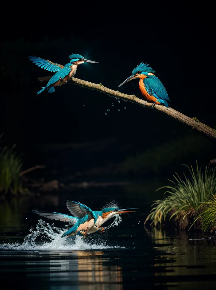 L'image représente trois martins-pêcheurs. Le martin-pêcheur sur la branche vient de capturer un poisson et s'apprête à le manger. Les deux autres martins-pêcheurs volent vers celui qui a le poisson. Tous les martins-pêcheurs sont bleus et verts avec de longs becs pointus. L'arrière-plan est bleu foncé.