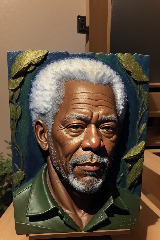 The image is a portrait of Morgan Freeman, an American actor, producer, and narrator. He is known for his distinctive deep voice and various roles in a wide variety of film genres. His career spans over five decades, and he has received numerous accolades, including an Academy Award, a Screen Actors Guild Award, and a Golden Globe Award.

The portrait is made of bronze and has a green patina. It is mounted on a wooden base. Freeman is depicted with his signature white hair and beard. He is wearing a green shirt and a black jacket. The portrait is life-size and very detailed. It captures Freeman's likeness perfectly and is a beautiful work of art.