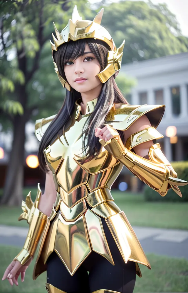 The image shows a young woman dressed in a golden armor. She has long black hair and brown eyes. She is standing in a park, with trees and buildings in the background.