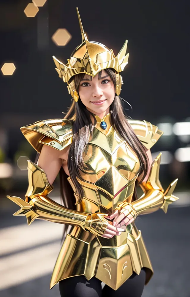 The image shows a young woman standing in a dark place. She is wearing a golden armor and a helmet with a blue gem in the center. She has long brown hair and a confident smile on her face. She is standing with her hands clasped in front of her.