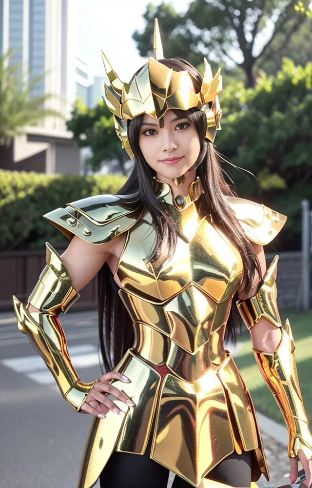 The image shows a young woman standing in a city street. She is wearing a golden armor and a helmet with a green visor. She has long brown hair and brown eyes. She is standing with one hand on her hip and the other holding a weapon. In the background, there are some trees and buildings.