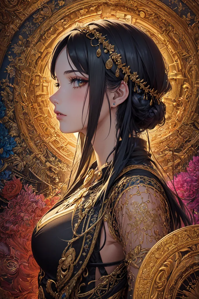 The image is a portrait of a beautiful young woman with long black hair. She is wearing a black and gold dress with a plunging neckline and a high collar. The dress is trimmed with gold and has a pattern of flowers and leaves embroidered on the bodice. The woman's hair is pulled back into a bun and she is wearing a gold headpiece. Her eyes are blue and her lips are slightly parted. She is standing in front of a gold background with a pattern of flowers and leaves.