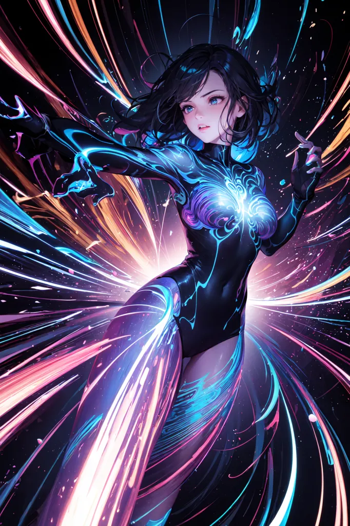 This is an image of a young woman in a black bodysuit with blue and purple markings. She has long black hair and blue eyes. She is standing in a dynamic pose, with her arms outstretched and her legs spread wide. She is surrounded by streaks of light, which suggests that she is moving very quickly. The background is dark, with a few bright spots of light.