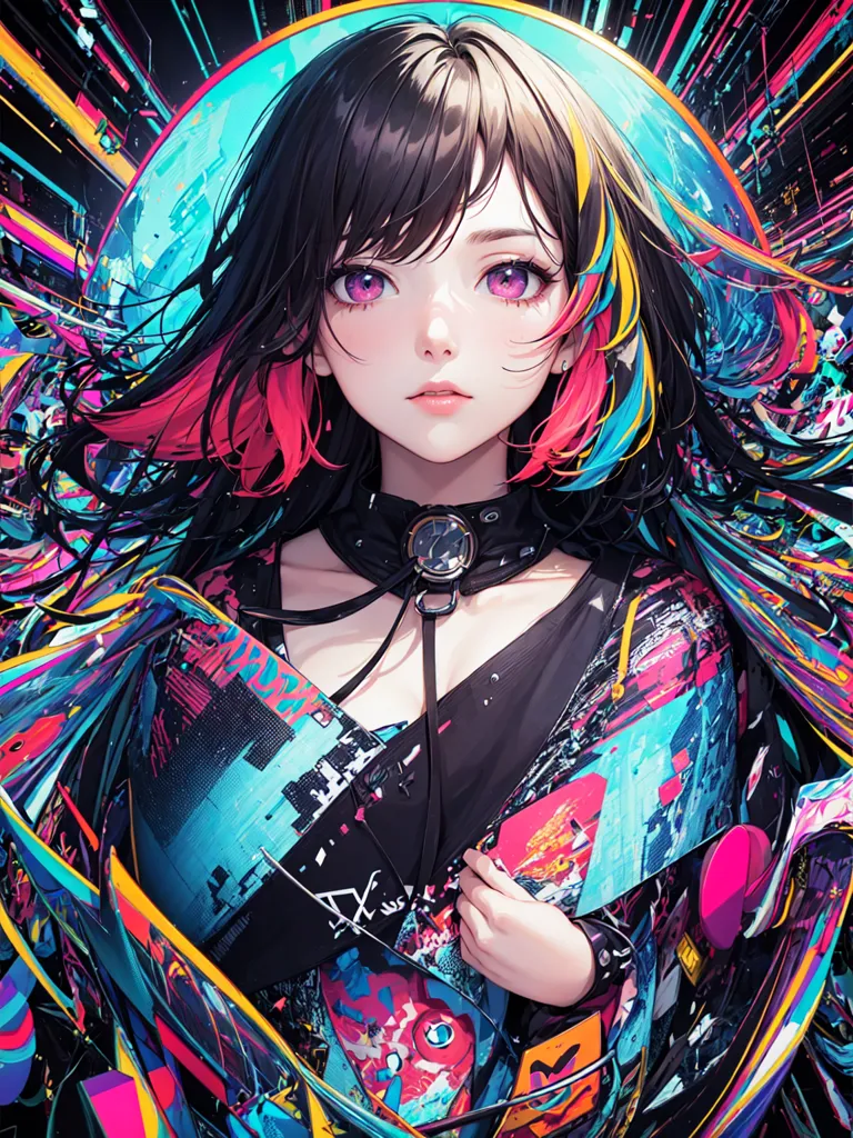 This is an image of a young woman with long, flowing hair. Her hair is a mix of black, blue, and pink. She is wearing a black choker with a clock on it. Her outfit is a mix of black, blue, and pink. The background is a mix of bright colors.