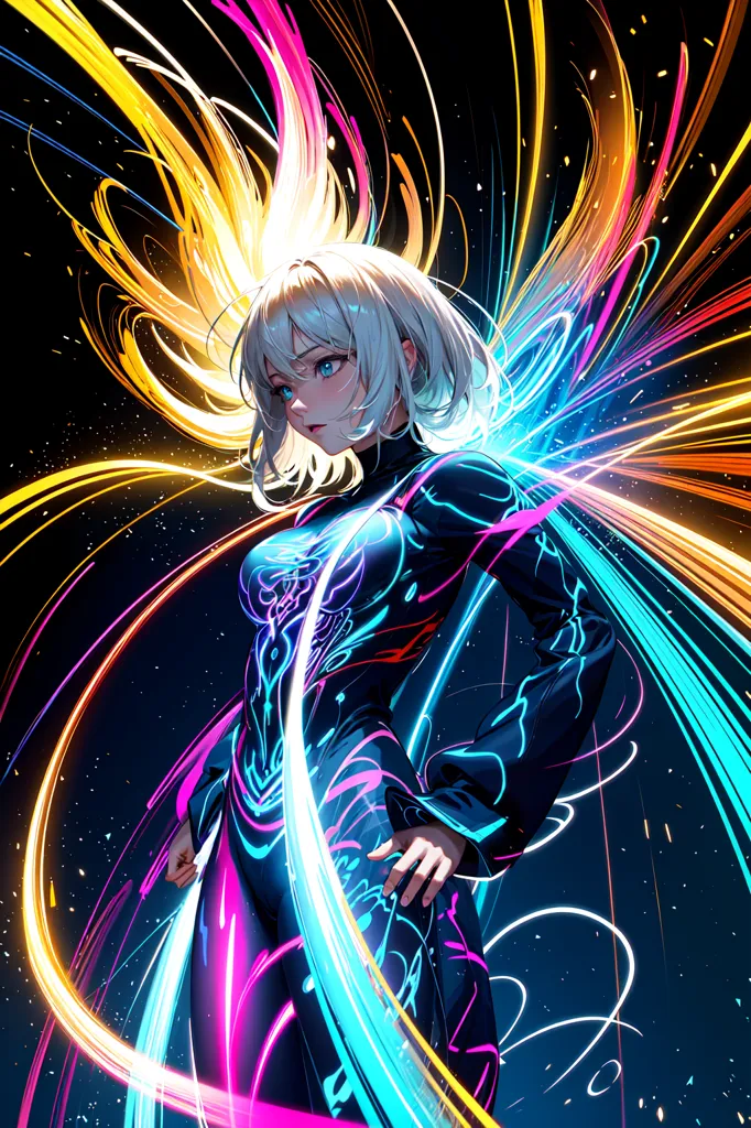 The image is a digital painting of a young woman with short white hair and blue eyes. She is wearing a black bodysuit with blue and pink highlights. She is standing in a dark blue void with her arms outstretched to her sides. There are several streaks of bright yellow, blue, and pink energy flowing around her. The image is very dynamic and has a lot of visual impact.