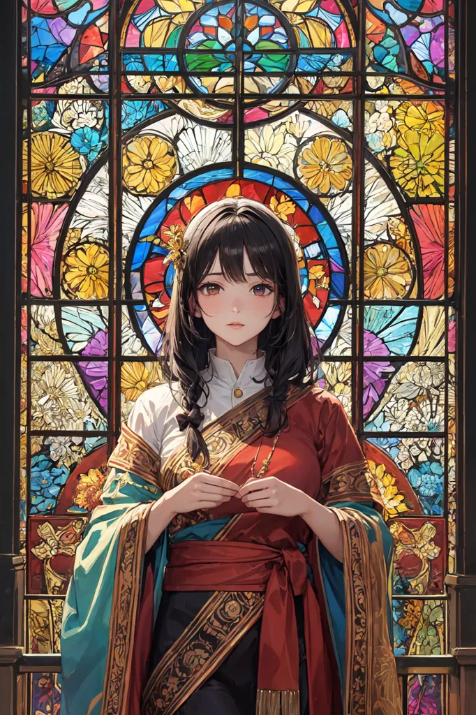 The image is of a young woman standing in front of a stained glass window. The woman is wearing a red and gold dress with a white collar. She has long brown hair and brown eyes. The stained glass window is made up of many different colors, including blue, green, yellow, and red. There are also flowers and other designs in the stained glass window.