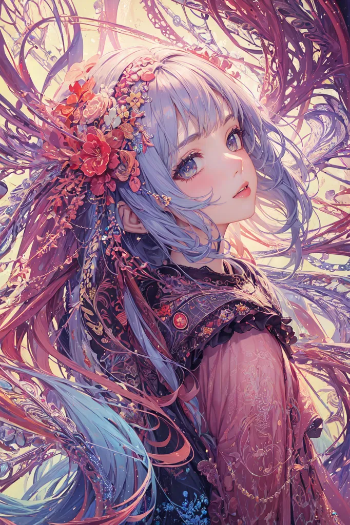 La imagen es una pintura de una mujer joven con el cabello largo de color púrpura y ojos azules. Lleva un kimono rosa y púrpura con un patrón floral. Su cabello está decorado con flores rojas y rosas. Está de pie frente a un fondo de flores rosas y púrpuras. La pintura tiene un toque suave y romántico.