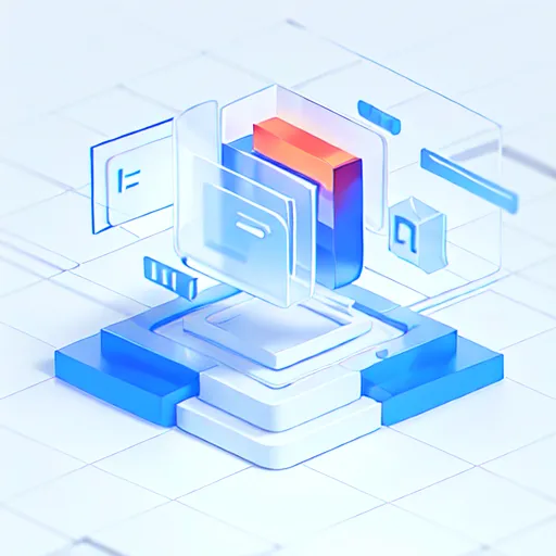 Ini adalah ilustrasi 3D dari struktur geometris biru dan putih. Ada beberapa blok persegi panjang dan persegi berwarna biru yang disusun dalam formasi bertingkat. Di atas blok-blok tersebut terdapat prisma persegi panjang berwarna merah. Ada juga dua prisma persegi panjang seperti kaca di kedua sisi prisma merah. Salah satunya memiliki huruf "a" kecil di atasnya, dan yang lain memiliki huruf "b" kecil. Ada pola grid putih di permukaan di bawah blok-blok tersebut.