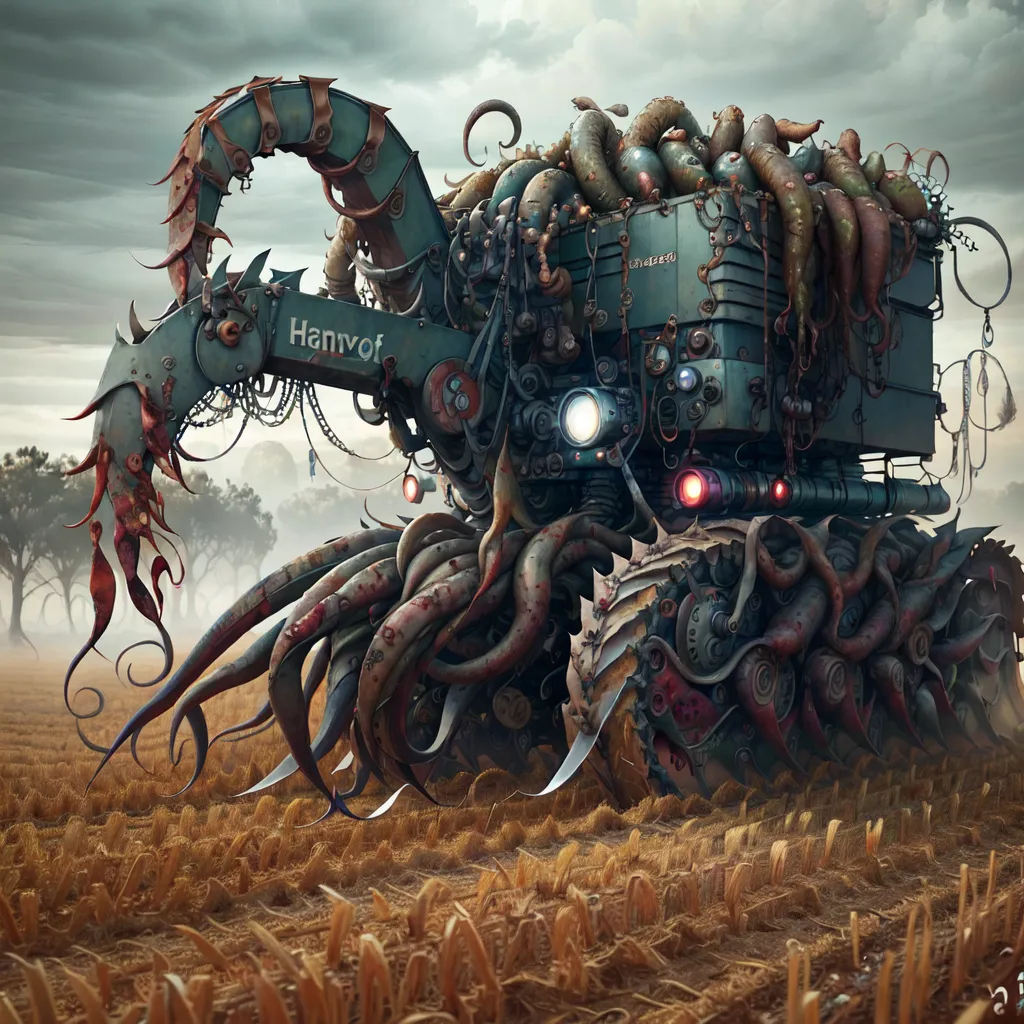 The image shows a steampunk combine harvester. It is a large, complex machine with a variety of mechanical and biological components. The harvester is powered by a steam engine, and it uses a variety of mechanical arms and tentacles to harvest crops. The image is set in a field of wheat, and the harvester is surrounded by tall stalks of wheat. The sky is dark and cloudy, and the atmosphere is ominous.