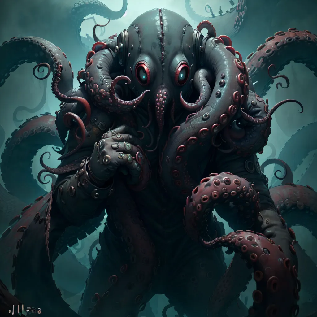 The image shows a large, octopus-like creature with red eyes and a steampunk aesthetic. It is wearing a black suit and has a variety of gadgets and machinery attached to its body. The creature is standing in a dark, underwater setting, and there are several smaller octopus-like creatures swimming around it.