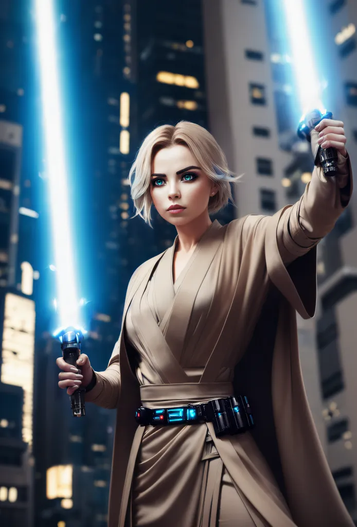 The image shows a blonde woman dressed in a beige kimono-style outfit. She is standing in a city, with tall buildings in the background. She is holding two lightsabers, one in each hand, and they are both activated. The woman has a determined expression on her face.