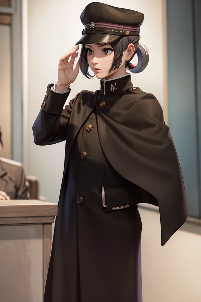 The image depicts a young woman standing at attention and saluting. She is wearing a black military-style uniform consisting of a cap, coat, and boots. The cap has a shiny black brim and a red band around the center. The coat is black with gold buttons and a long black cape. The boots are black and have a high heel. The woman has short black hair and brown eyes. She is looking straight ahead with a serious expression on her face.