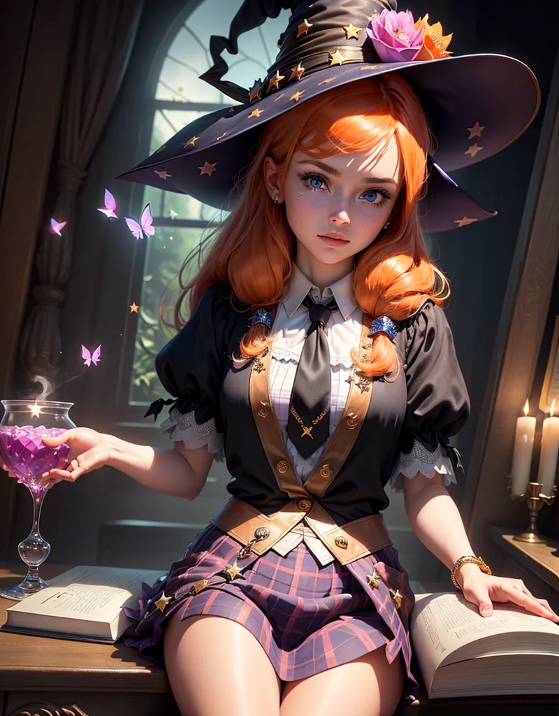 The image is of a young woman, with long orange hair, wearing a witch's hat and a purple and black outfit. She is sitting in a dark room, with a book open in front of her. She is holding a goblet in her right hand. There are two butterflies on the left side of the image.