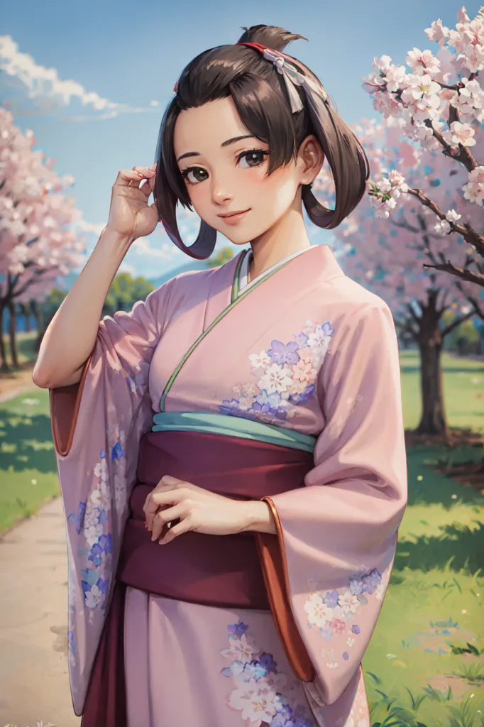 The image is a portrait of a young woman wearing a kimono. She has brown hair that is tied up in a bun and brown eyes. She is wearing a pink kimono with a floral pattern and a green obi. She is standing in a field of cherry blossoms. The background is a blurred image of a park with trees and a blue sky.