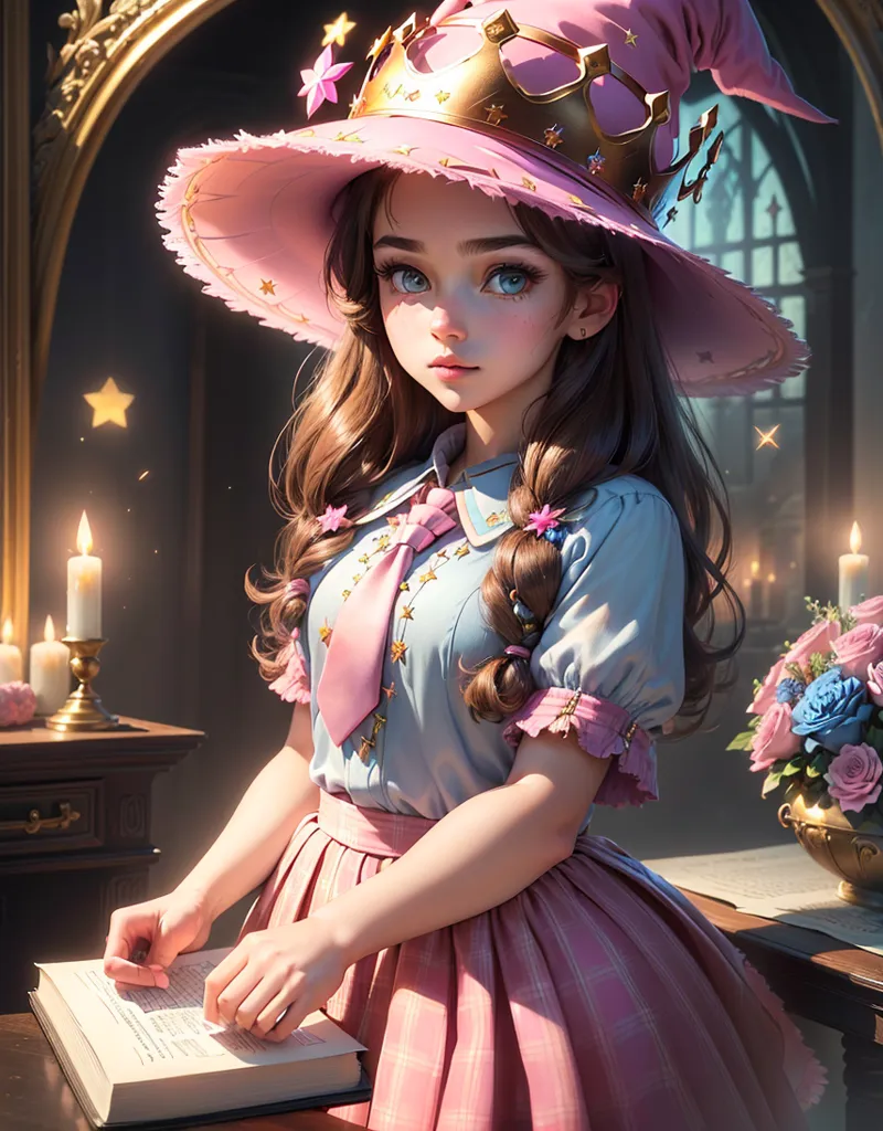 The image is a painting of a young girl in a pink and blue dress. She is wearing a pink hat with a gold crown on top of it. The girl has long brown hair and blue eyes. She is sitting at a table reading a book. There are candles and flowers on the table. The background is a mirror reflecting the girl.