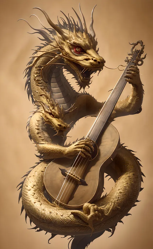 The image is a digital painting of a golden dragon playing a guitar. The dragon is depicted in a three-quarter view, with its head and neck facing the viewer. It has a long, sinuous body that is covered in golden scales. Its wings are folded against its back, and its tail is curled up around its body. The dragon is playing a brown acoustic guitar, and it has a look of concentration on its face. The background is a gradient of light brown and dark brown.