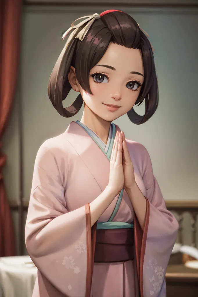 The picture shows a young woman dressed in a kimono. She has brown hair tied in two buns on the top of her head with pink ribbons. The woman has light pink blush on her cheeks and dark pink eyeshadow. She is looking at the viewer with a slight smile on her face and her hands are clasped together in front of her. The background is blurry but looks like the inside of a traditional Japanese house.