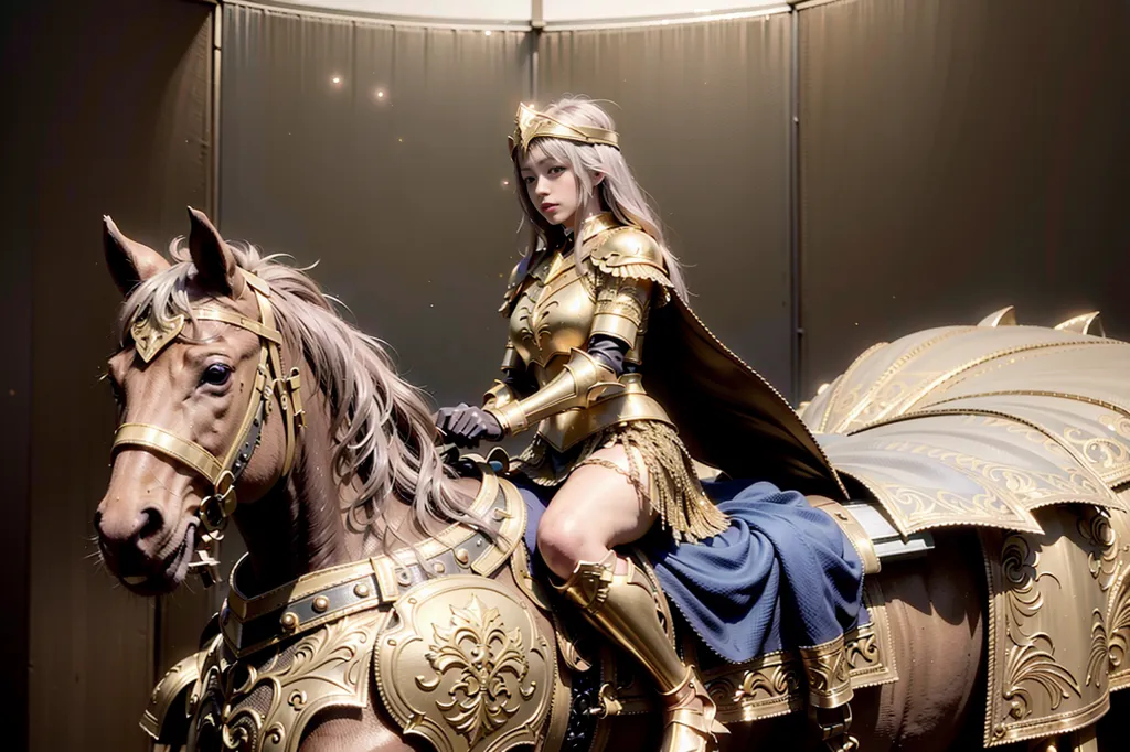 The image is of a woman riding a horse. The woman is wearing golden armor and a blue cape. The horse is also wearing golden armor. The woman has long blonde hair and blue eyes. She is sitting on a golden saddle and holding the reins of the horse with both hands. The background is a blur of light.