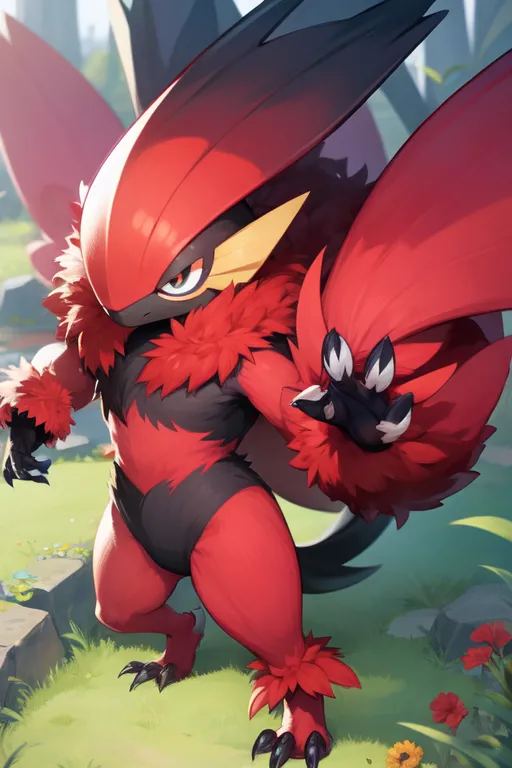 A imagem mostra uma criatura vermelha e preta com olhos amarelos. Ela tem uma juba vermelha grande e fofa e um par de asas pretas. Ela está em pé em um campo gramado e está rodeada de flores. A criatura é um Blaziken, um Pokémon do tipo fogo. É um Pokémon poderoso e ágil, conhecido por seus ataques incendiários.