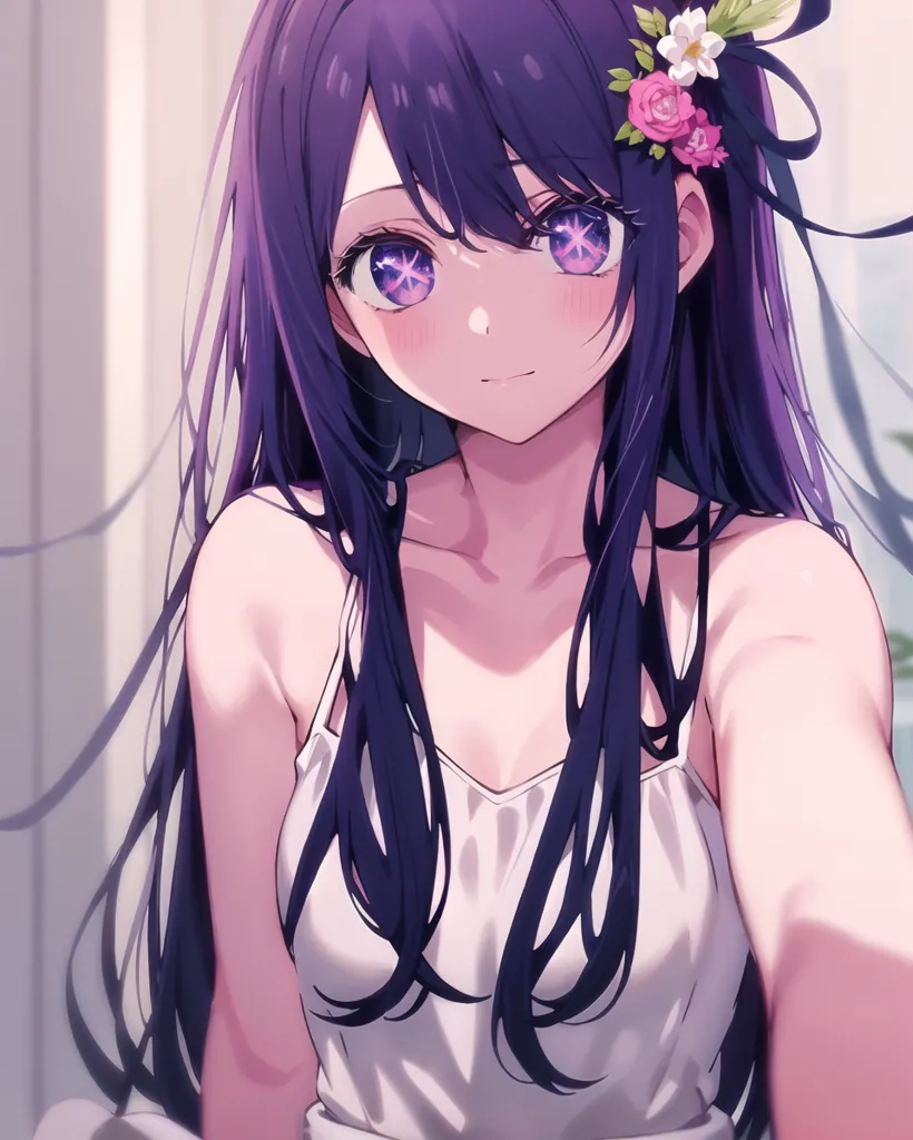 The image shows a young woman with purple hair and purple eyes. She is wearing a white camisole. There are flowers in her hair. She is looking at the camera and smiling.