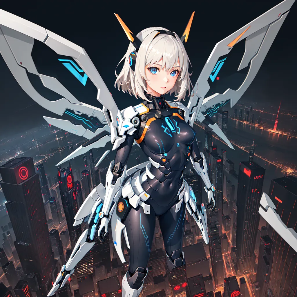 The image is of a futuristic city with a white-haired anime girl standing in the foreground. The girl is wearing a black and white bodysuit with white wings and a blue visor. She is looking down at the city with a serious expression. The city is full of tall buildings and bright lights. The image is very detailed and the colors are vibrant.