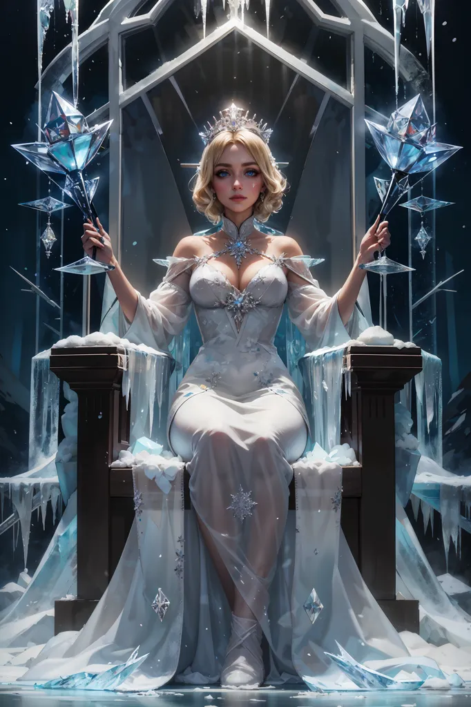 The Snow Queen sits on her icy throne, her eyes cold and indifferent. She is dressed in a white gown, and her hair is adorned with snowflakes. Her feet are bare, and they rest on a block of ice. In her hands, she holds a scepter made of ice. The Snow Queen is a powerful and dangerous creature, and she is feared by all who know her. She is said to be able to freeze anything with her touch, and she can summon blizzards and snowstorms at will. The Snow Queen is a孤独寂寞的人, and she longs for someone to love her. But she is too afraid to let anyone get close to her, because she fears that they will be hurt.