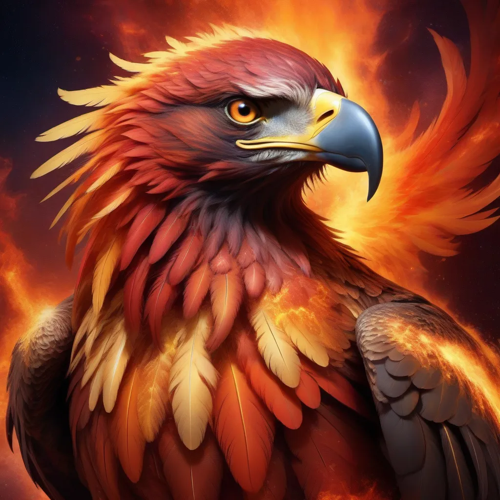 The phoenix is a mythical bird that is said to be a symbol of hope and renewal. It is often depicted as a large, majestic bird with fiery feathers. In this image, the phoenix is shown rising from the ashes of its former self, symbolizing its ability to be reborn and start anew. The background is a fiery orange and yellow, which adds to the sense of heat and intensity. The phoenix is a powerful and inspiring creature, and this image captures its essence perfectly.