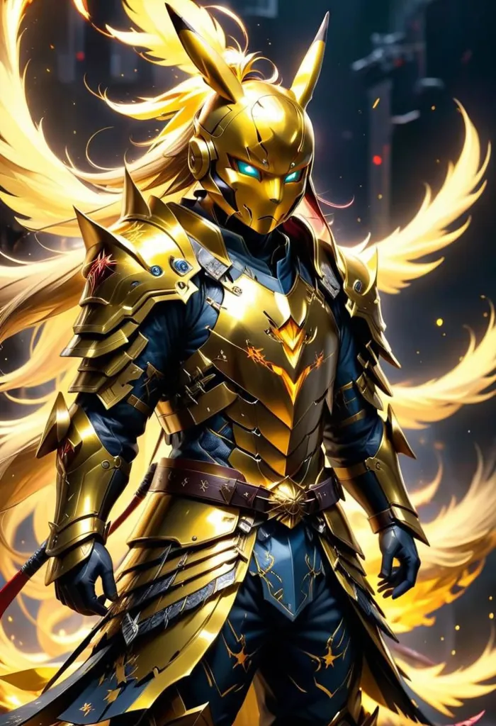 The image depicts a warrior clad in golden armor. The warrior is standing in a determined pose, his eyes glowing with an inner fire. His armor is gleaming in the light, and his muscles are tensed, ready for battle. The warrior's hair is long and flowing, and his ears are pointed, suggesting that he is an elf. He is also wearing a cape, which is billowing in the wind. The background is dark and stormy, with clouds swirling overhead. The warrior is surrounded by a golden aura, which suggests that he is protected by a powerful magic.