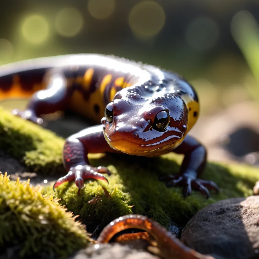 A salamander is sitting on a mossy rock. Its black skin is covered in yellow spots. It has long, thin legs with webbed feet. Its tail is long and slender. The salamander is looking at the camera with its big, round eyes.