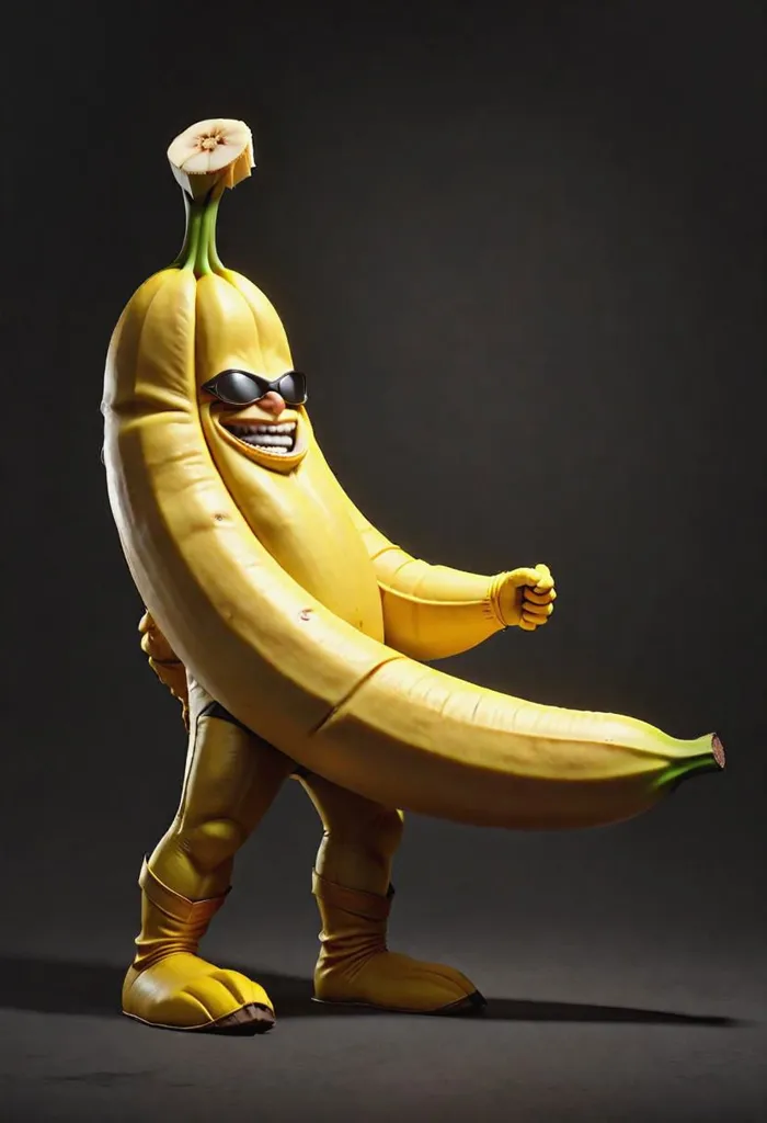 The image shows a 3D rendering of a banana wearing a superhero costume. The banana is smiling and has its arms outstretched. It is wearing a pair of sunglasses and a yellow cape. The banana is standing on a dark background.