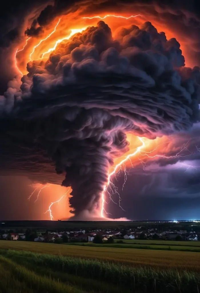 A powerful and destructive tornado is shown in the middle of a field. The tornado is surrounded by dark clouds and lightning. The tornado is also very tall, reaching up to the sky. The tornado is very dangerous and is capable of causing a lot of damage.