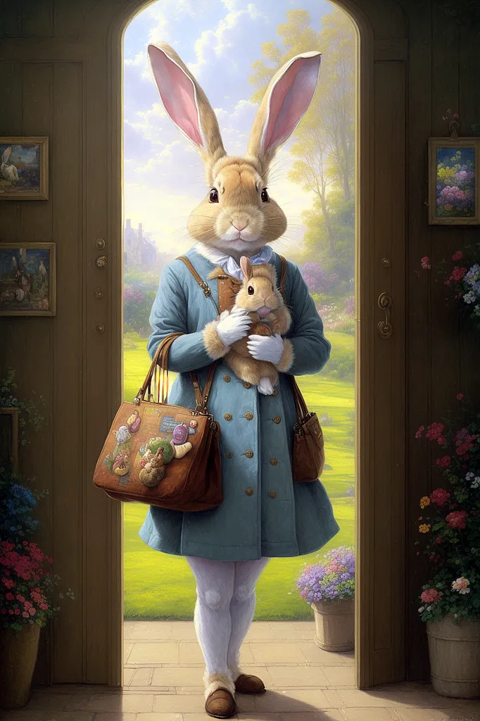 The image is a painting of a rabbit standing in front of a door. The rabbit is wearing a blue coat and a brown bag is slung over its shoulder. The rabbit is holding a smaller rabbit in its arms. The background of the image is a meadow with a stone path leading up to the door. There are trees and flowers in the meadow.