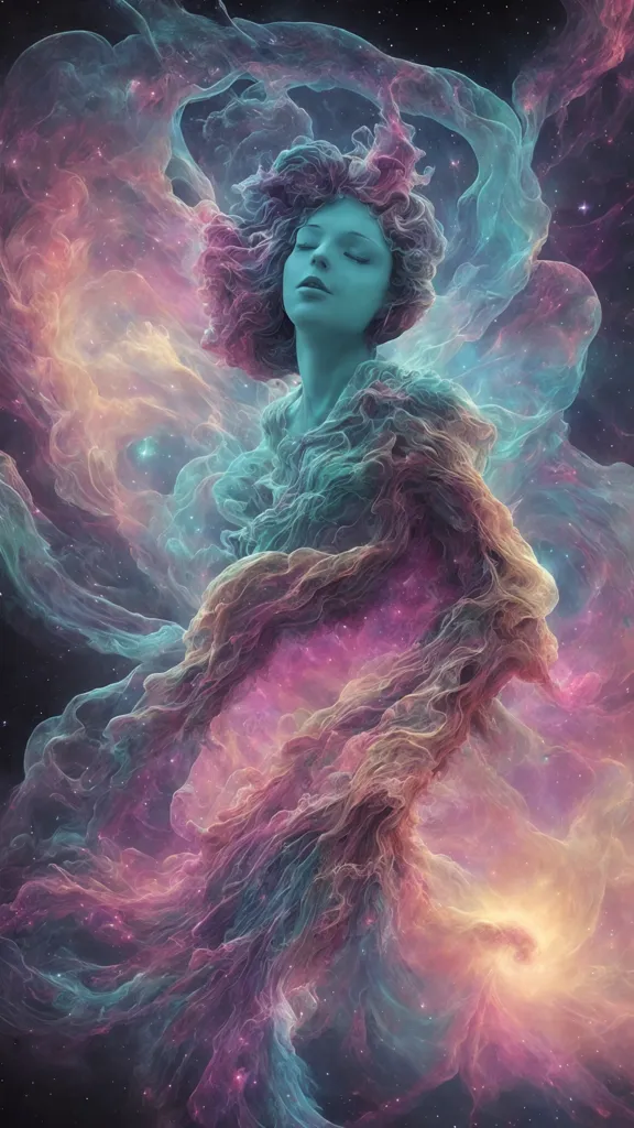 The image is a depiction of a woman's face and torso. She has long, flowing hair and is surrounded by a colorful, gaseous substance. The colors in the image are primarily blue, green, and pink. The woman's face is serene, and her eyes are closed. She is wearing a gown that is made of the same gaseous substance as her surroundings. The image is set against a background of stars and galaxies.