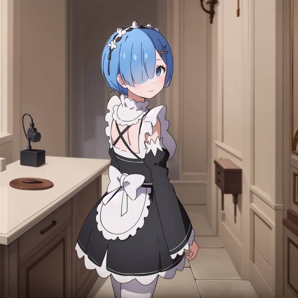 The image shows a young girl with blue hair and blue eyes. She is wearing a black and white maid outfit. The girl is standing in a kitchen, and she is looking back at the viewer. The background of the image is a blur, but it looks like there is a door on the right and a counter on the left.