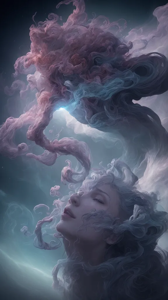 This image is an ethereal depiction of a woman's face emerging from a swirling mass of pink and blue smoke. The woman's eyes are closed, and her expression is serene. The smoke seems to caress her face and neck. The image is set against a dark background, which adds to the sense of mystery and intrigue.