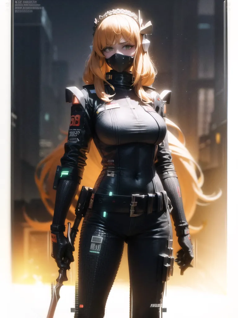 The image is of a woman with long blonde hair and green eyes. She is wearing a black and green bodysuit with a mask over her mouth and nose. She is also wearing a pair of black boots and a utility belt. She is standing in a dark room with a bright light behind her. There are also several neon lights in the background.