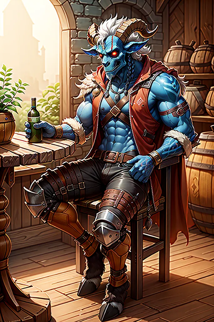 The image shows a blue-skinned demon sitting in a tavern, drinking from a bottle. He is wearing a red vest, brown pants, and has fur around his neck. He has horns on his head and there are several barrels and crates behind him.