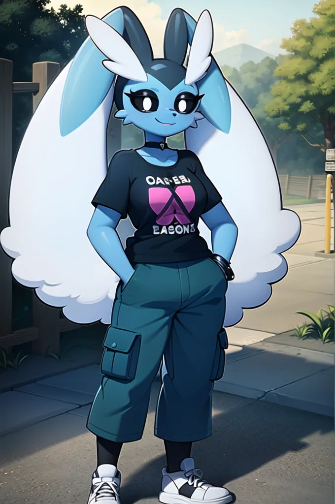 The image is of a blue rabbit-like creature with large, white, rabbit-like ears and a large, white, rabbit-like tail. It is wearing a black t-shirt with the word "CAUTION" written on it in pink letters. It is also wearing blue cargo pants and white sneakers. It has a pink collar with a black X-shaped charm on it and black bracelets on its wrists. It is standing on a sidewalk next to a wooden fence. There are trees and bushes in the background and a blue sky with white clouds.