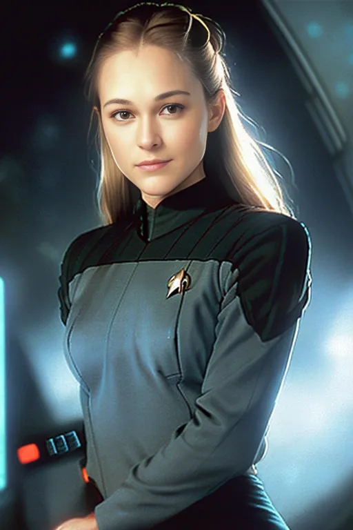 The image shows a young blonde woman in a blue and gray Starfleet uniform. She has a confident expression on her face and is looking at the viewer. Her hair is pulled back in a ponytail and she is wearing a Starfleet pin on her collar. The background is a blurred image of a spaceship.