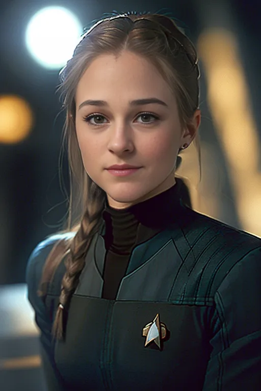 The image shows a young woman with long blonde hair braided down her back. She is wearing a dark green uniform with a gold Starfleet badge on the left side of her chest. She has a confident smile on her face and is looking directly at the viewer. The background is blurred and out of focus.