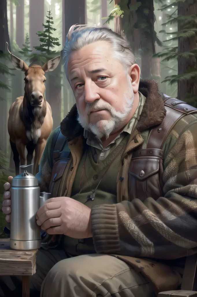 The image shows a man in his late 50s or early 60s with gray hair and a beard. He is wearing a brown leather vest, a green sweater, and a brown cap. He is sitting on a wooden stump in the forest, drinking from a metal cup. There is an elk standing behind him. The man has a serious expression on his face.