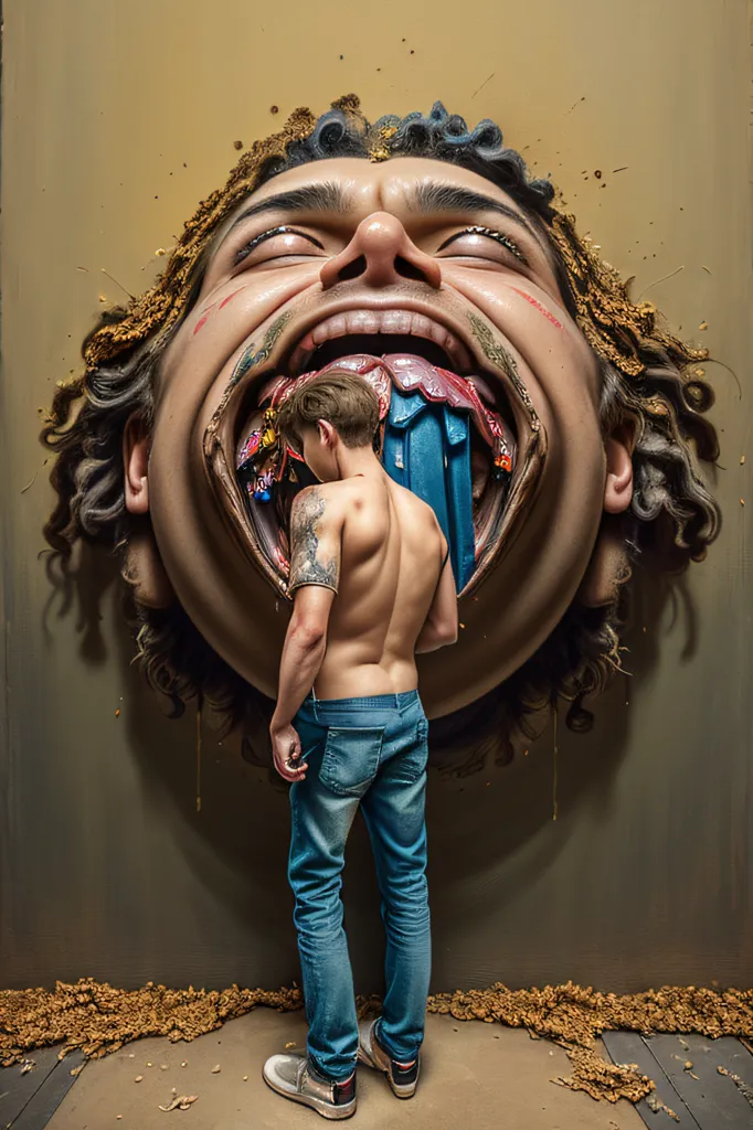 This is a photo of a man standing with his back to the camera in front of a wall. There is a mural on the wall of a man with his mouth open and the man standing in front of it looks like he is inside the mural.