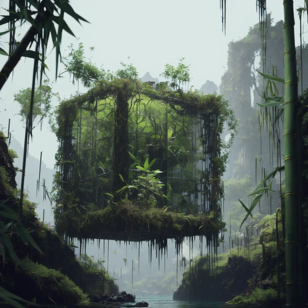 The image is set in a lush, overgrown jungle. There is a large, rectangular structure in the center of the image. The structure is made of glass and metal, and it is covered in vines and plants. Inside the structure, there is a small, thriving ecosystem. There are plants of all different sizes, and there are even a few animals. The structure is suspended in the air by large, metal cables. There is a river in the foreground of the image, and there are large, rocky cliffs in the background. The image is full of vibrant colors, and it is clear that the ecosystem inside the structure is thriving.