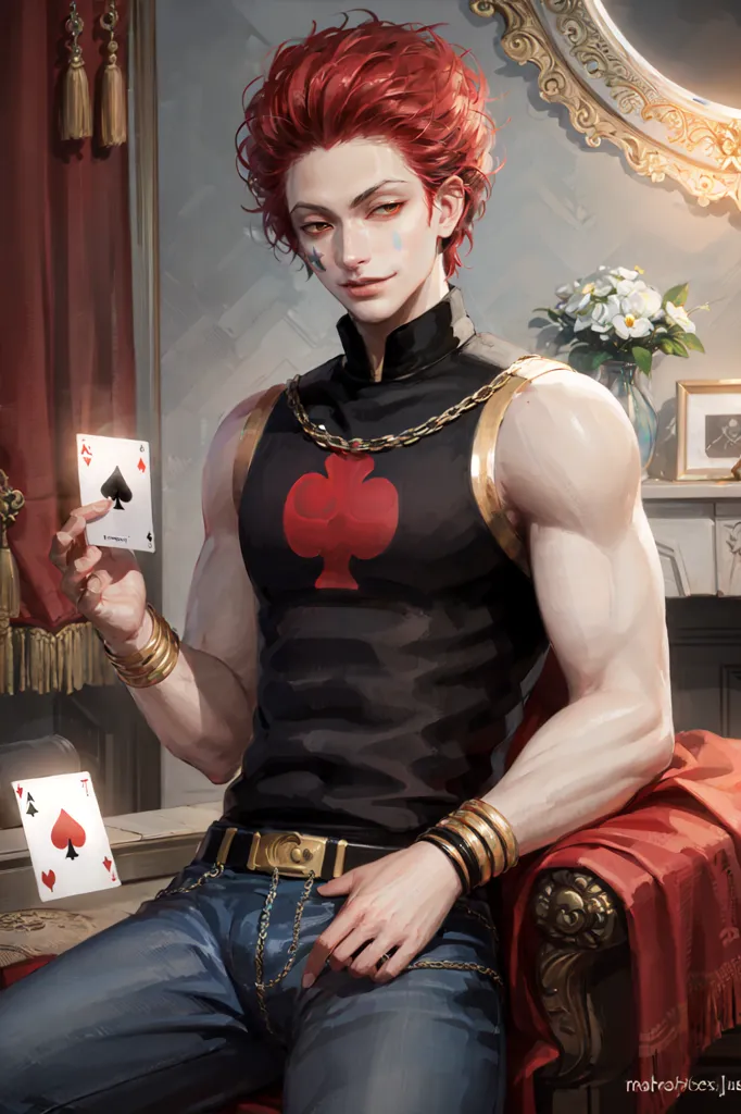 The picture shows a young man with red hair and green eyes. He is wearing a black vest with a red diamond on it, and a pair of jeans. He is also wearing a lot of jewelry, including a necklace, a bracelet, and a ring. He is sitting in a chair, and he has a card in his hand. The card is the ace of spades. There is a table next to him with two more cards on it. The background of the picture is a wall with a mirror, flowers, and a fireplace.