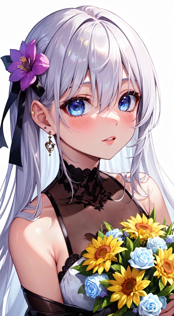 The image is a portrait of a young woman with long silver hair and blue eyes. She is wearing a black and white dress with a sweetheart neckline and a large purple flower in her hair. She is also wearing a pearl necklace and earrings. The woman is standing in front of a white background and is holding a bouquet of sunflowers and blue flowers. She has a soft smile on her face and looks to be in her early twenties.