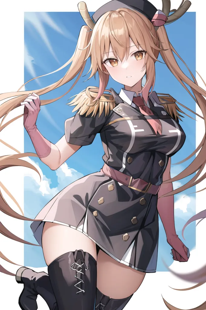 The image is of a young woman with long blonde hair and brown eyes. She is wearing a black military-style uniform with a white collar and a red armband. She is also wearing a black hat with a gold brim. She is standing in front of a blue background with a white cloud.