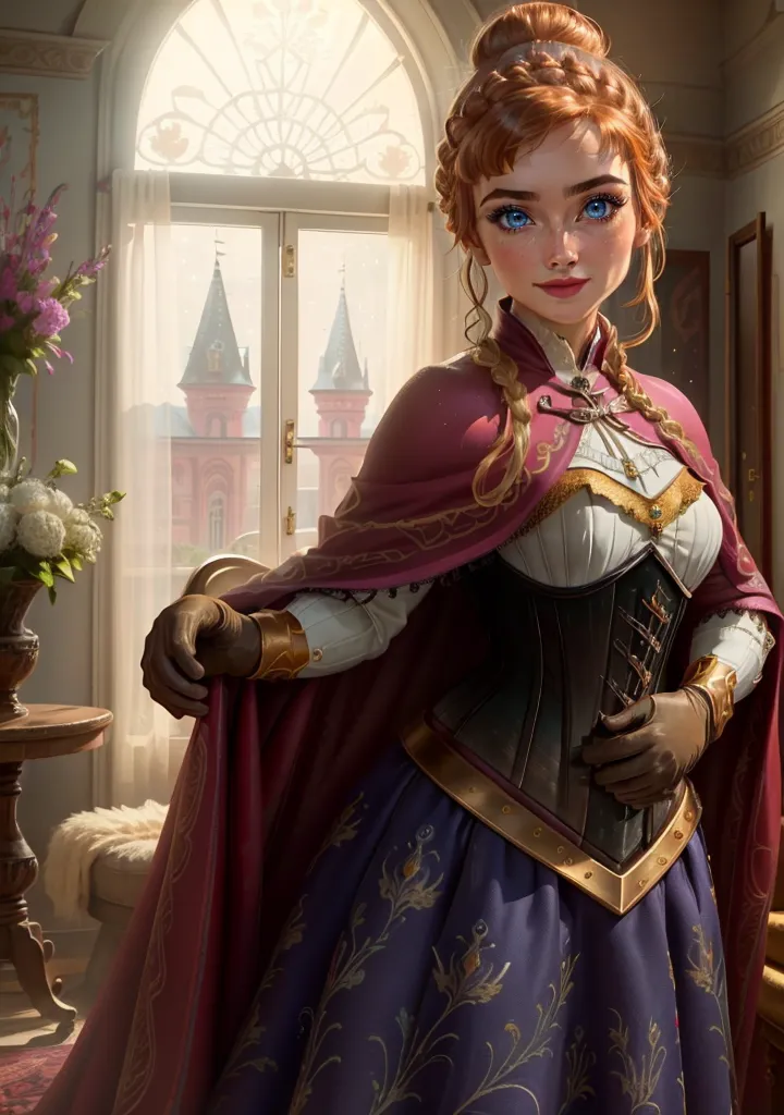 The image is of a young woman, with an innocent expression on her face, standing in a room, with her back to a large window. She is wearing a red and purple dress with a white camisole and brown leather gloves. She has her left hand on her hip and is holding the edge of her cloak with her right hand. There are two vases on the table to her left, one with purple flowers and one with white flowers. There is a small white dog sitting on the floor behind her. The room is decorated in a medieval style, with a large wooden table and a stone fireplace. There are two large windows in the room, one of which is open. The view from the window is of a courtyard with a fountain.