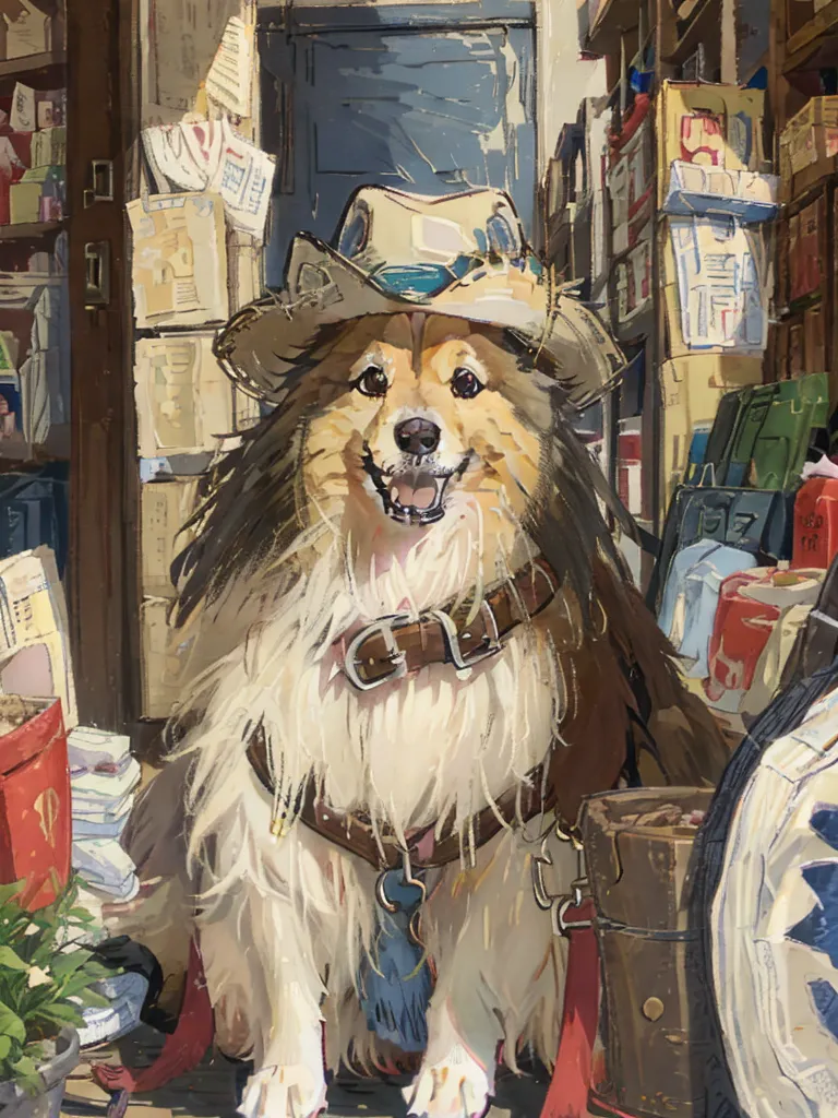 The image shows a happy looking dog wearing a brown cowboy hat and a brown leather harness. The dog is sitting in a room with a wooden floor and there are boxes and other objects in the background. The dog has a long, fluffy coat and is smiling with its tongue out.